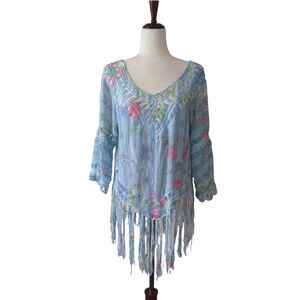CIRANA Floral Fringe Boho Poncho Style Top Tunic Beach Cover-up Blue Size M